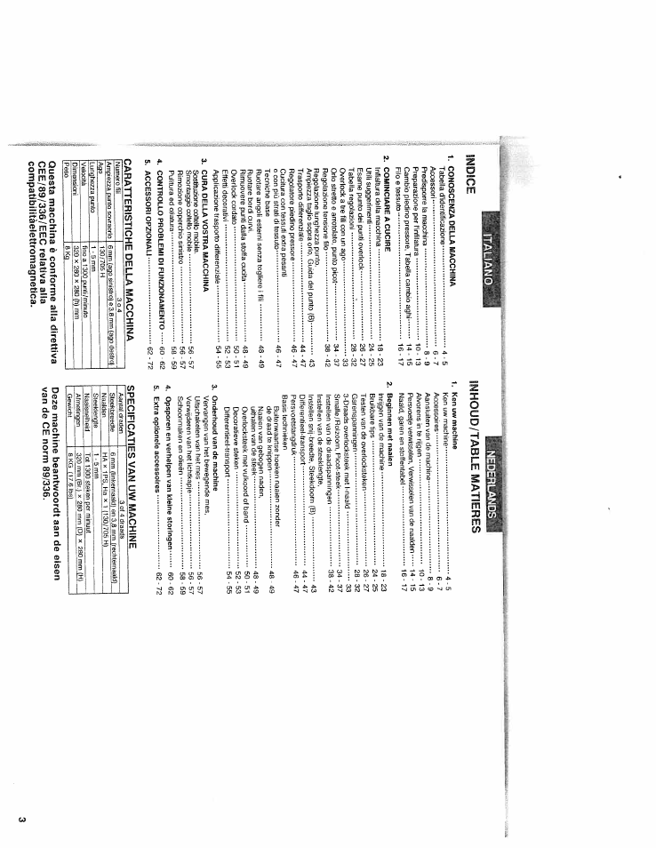 Indice, Vitaliano indice, Inhoud/table matieres | SINGER WSL2000 (Part 1) User Manual | Page 5 / 43