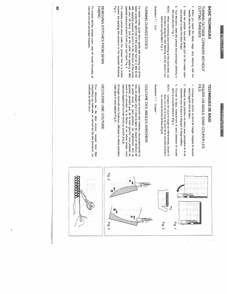 Basic techniques, Turning outside corners without cutting threads, Turning curved edges | Removing stitches from sewn fabric, Techniques de base, Piquer un angle sans couper les fils, Couture des angles arrondis, Decoudre une couture | SINGER WSL2000 (Part 2) User Manual | Page 7 / 31