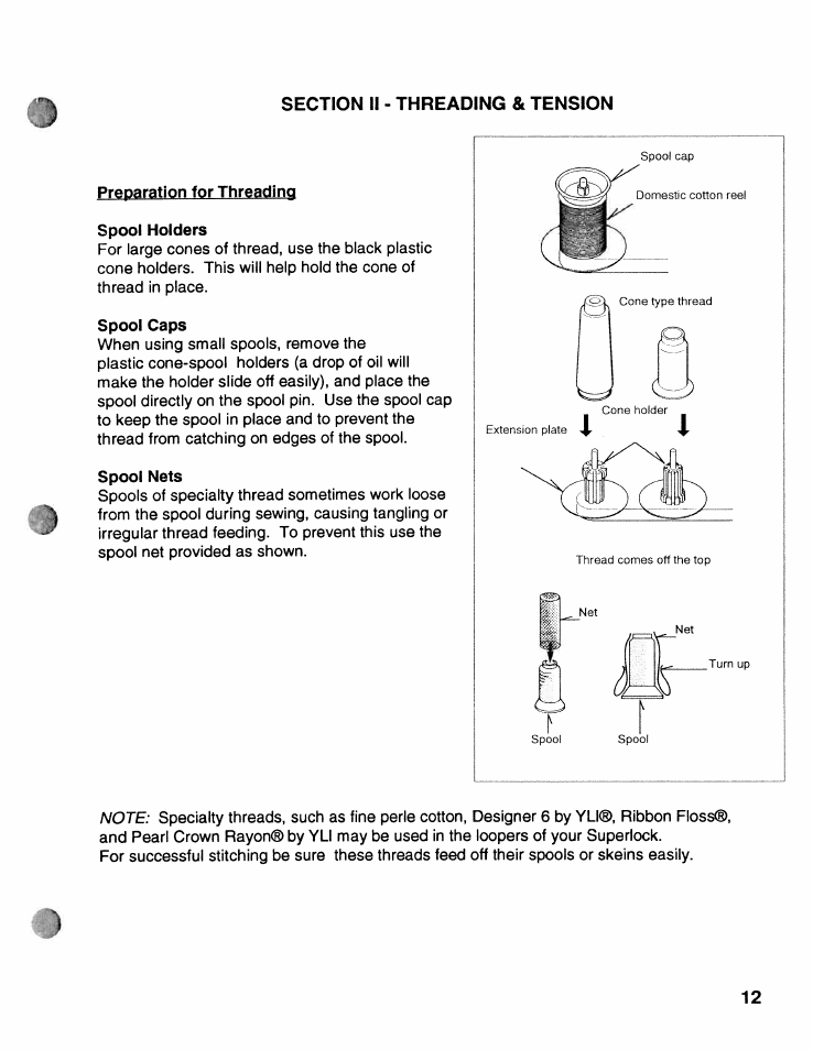 Section ii - threading & tension, Preparation for threading spool holders, Spool caps | Spool nets | SINGER WSL2000 ATS (Part 1) User Manual | Page 14 / 34