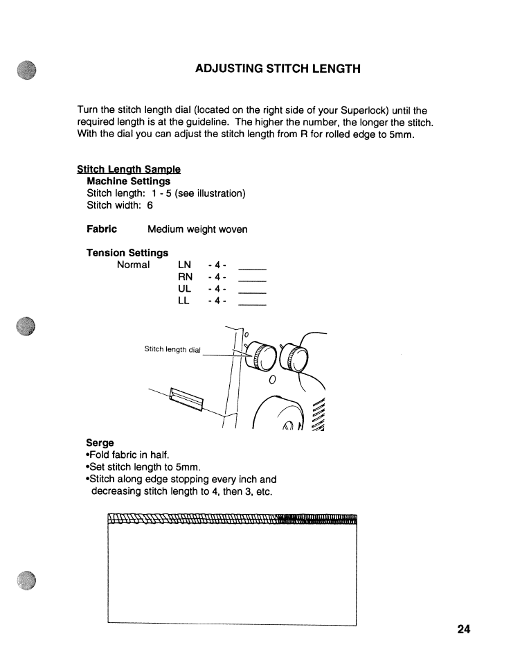 Adjusting stitch length, Stitch length sample machine settings, Serge | SINGER WSL2000 ATS (Part 1) User Manual | Page 26 / 34