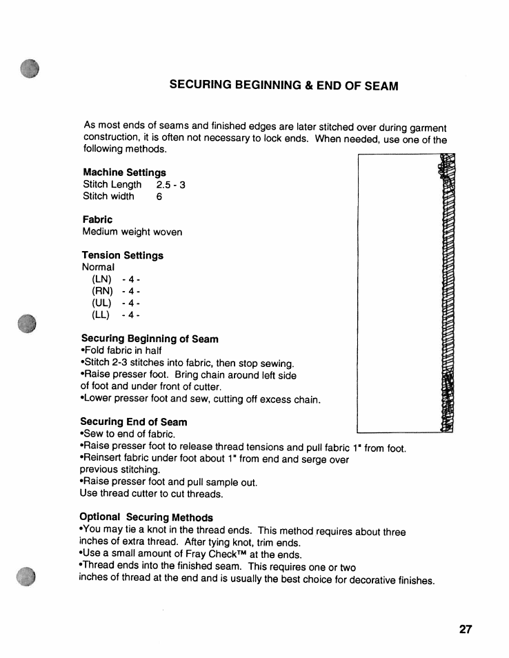 Securing beginning & end of seam, Machine settings, Fabric | Tension settings, Securing beginning of seam, Securing end of seam, Optional securing methods | SINGER WSL2000 ATS (Part 1) User Manual | Page 29 / 34