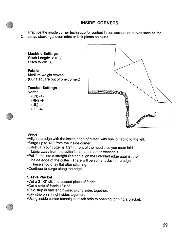 Inside corners, Machine settings, Fabric | Tension settings, Serge, Sleeve placket | SINGER WSL2000 ATS (Part 1) User Manual | Page 31 / 34