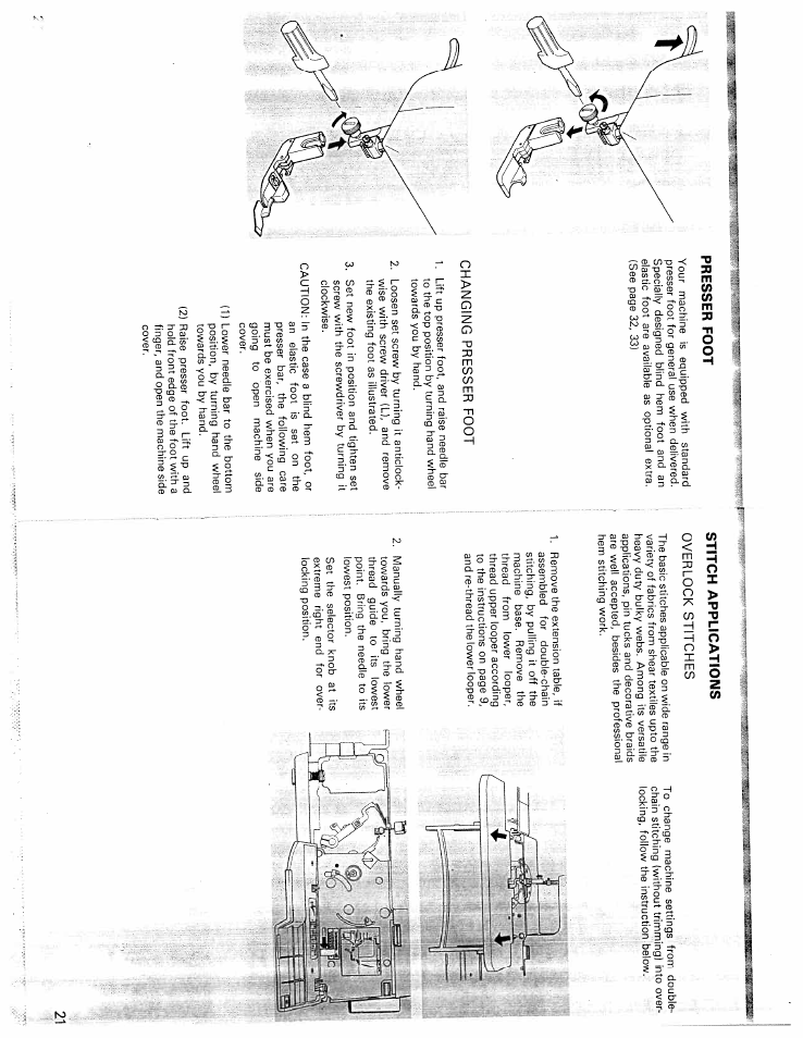 Changing presser foot, Overlook stitches, F:f m m | Presser foot, Stitch applications | SINGER WSL216 User Manual | Page 12 / 18