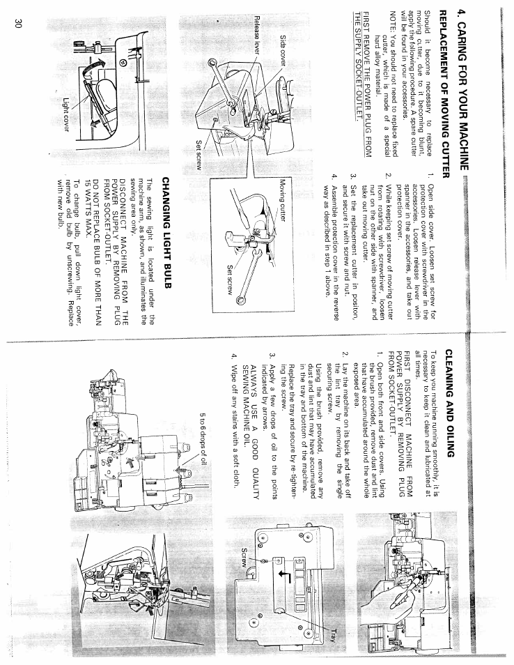Caring for your machine, Replacement of moving cutter, Changing light bulb | Cleaning and oiling | SINGER WSL216 User Manual | Page 17 / 18