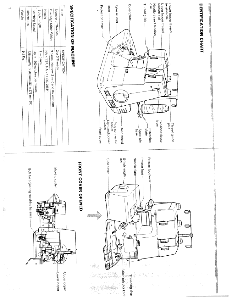 Specification of machine, Front cover opened | SINGER WSL216 User Manual | Page 3 / 18