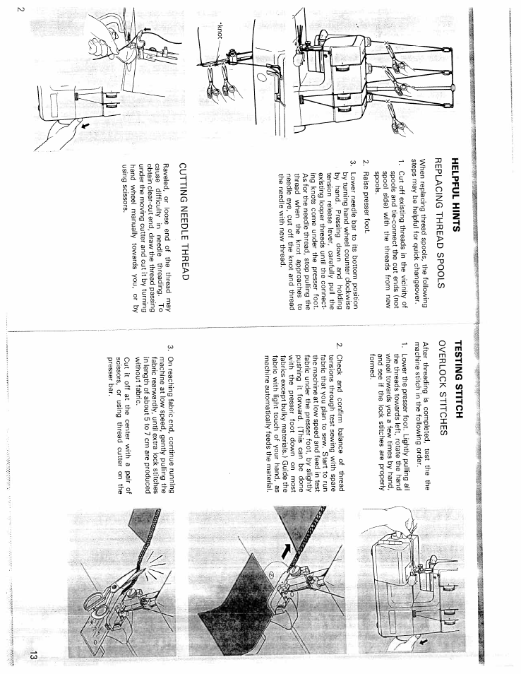 Replacing thread spools, Cutting needle thread, Overlock stitches | Helpful hints, Testing stitch | SINGER WSL216 User Manual | Page 8 / 18