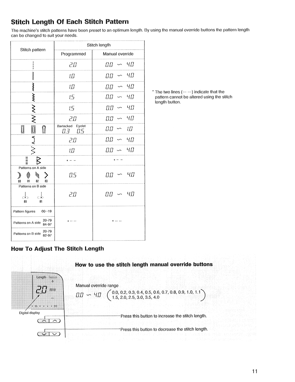 Stitch length of each stitch pattern, How to adjust the stitch length, On in on | On \ in nn, Nn on | SINGER XL1 Quantum User Manual | Page 13 / 48