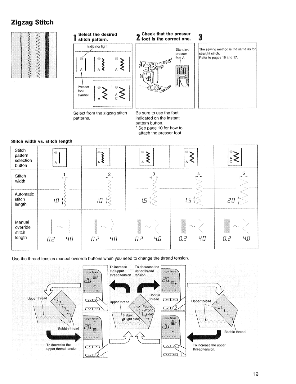 Zigzag stitch, Select the desired stitch pattern, Stitch width vs. stitch length | Zigzag stitch i | SINGER XL1 Quantum User Manual | Page 21 / 48