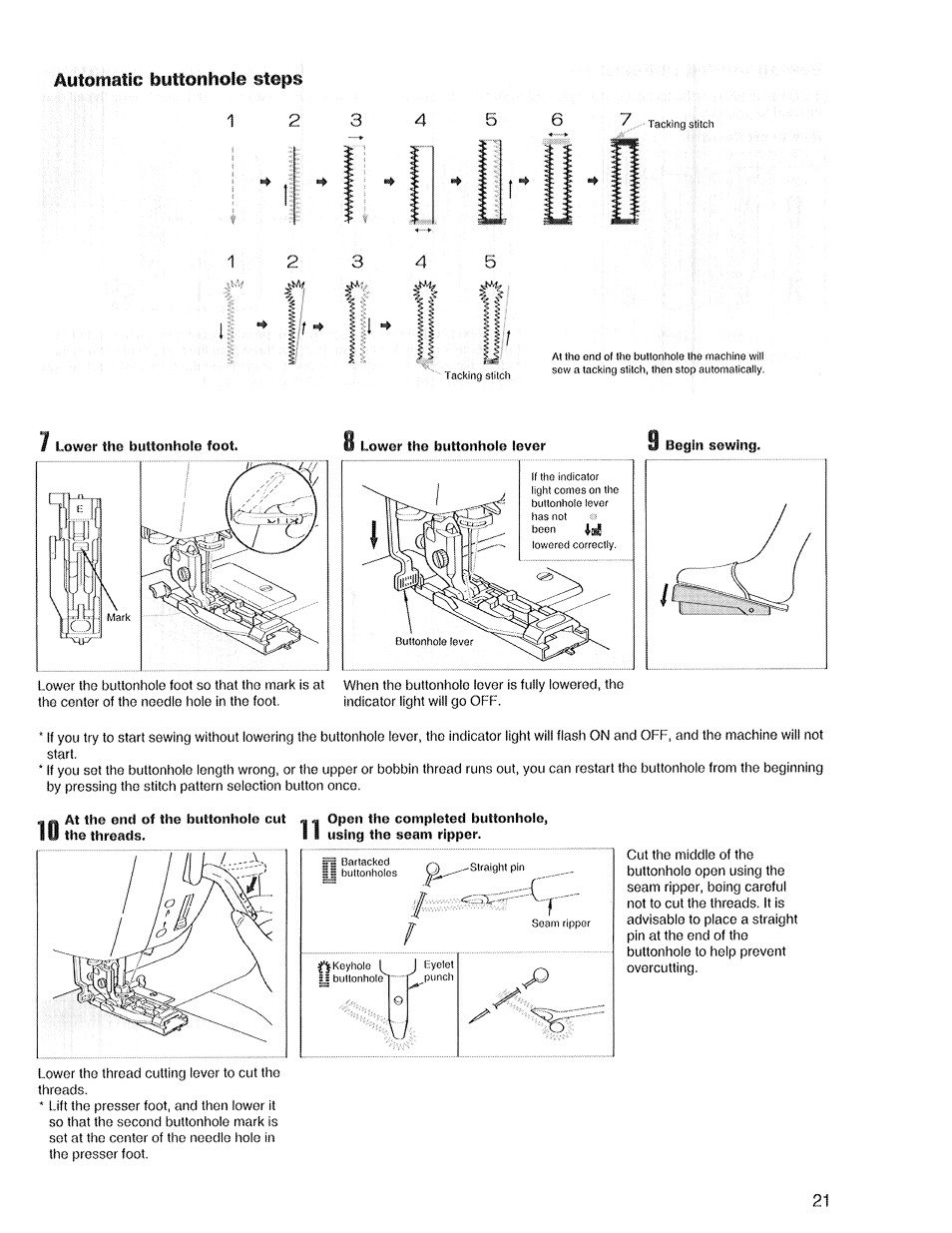 Lower the buttonhole lever, Begin sewing | SINGER XL1 Quantum User Manual | Page 23 / 48