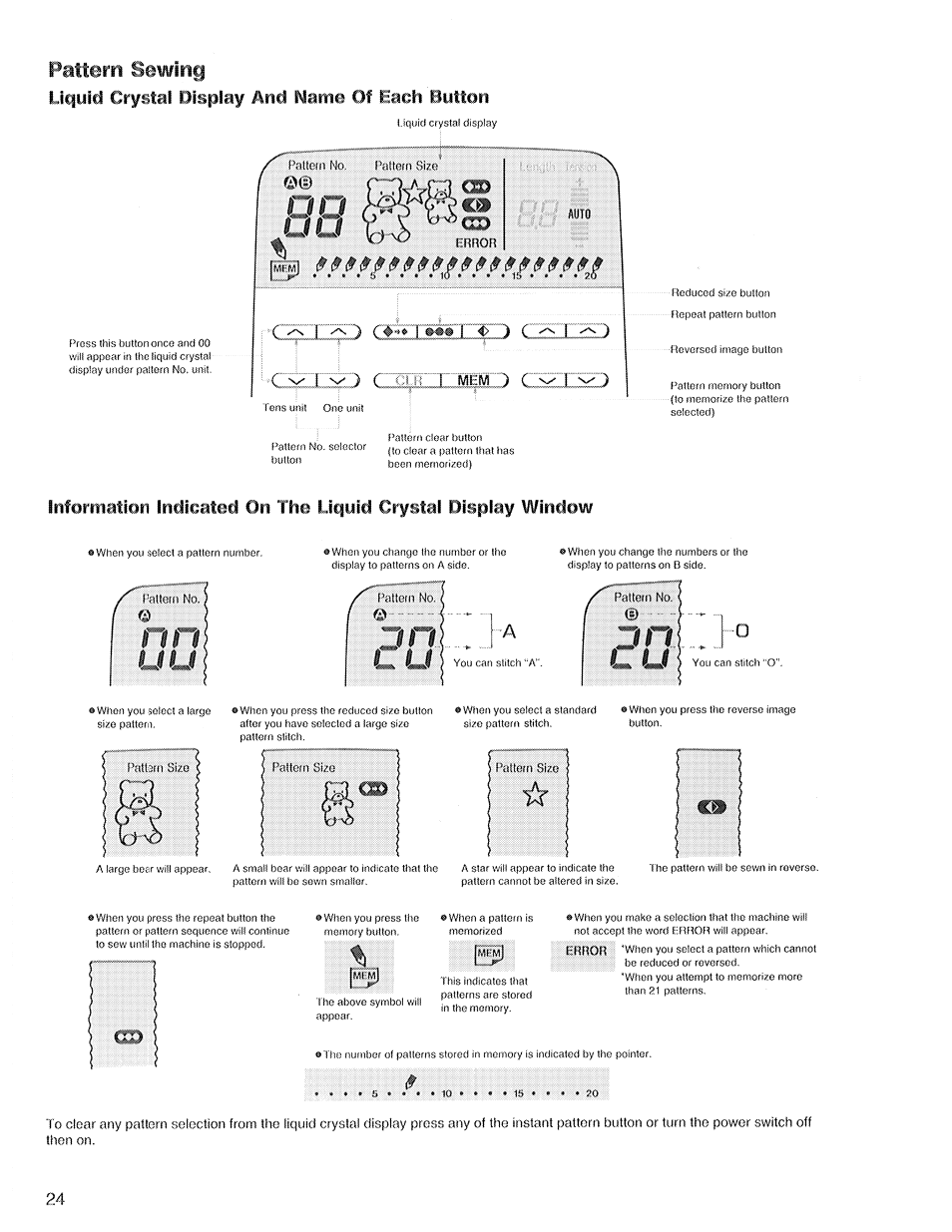 And name of each button, Pattern sewing, 1i i i | Uguid crystal and name, Of each button | SINGER XL1 Quantum User Manual | Page 26 / 48