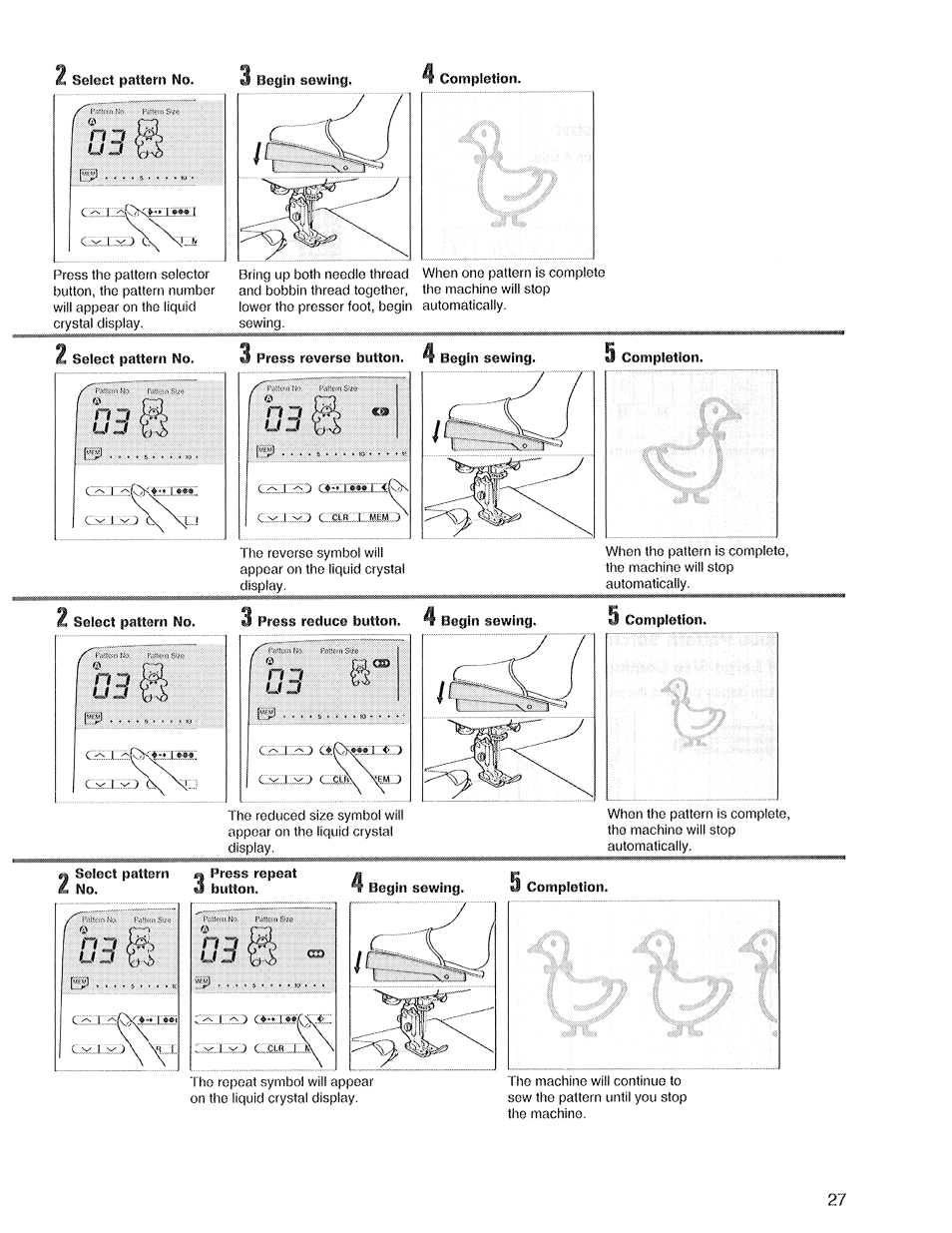 Press reverse button, nt begin sewing, Completion | SINGER XL1 Quantum User Manual | Page 29 / 48