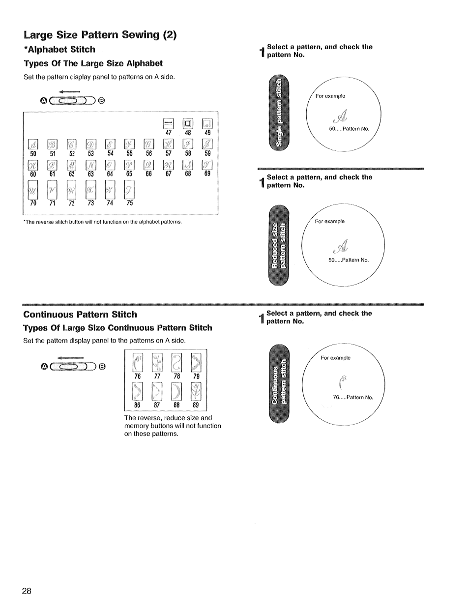 Large size pattern sewing (2), Alphabet stitch, Select a pattern, and check the | Continuous pattern stitch, Types of large size continuous pattern stitch | SINGER XL1 Quantum User Manual | Page 30 / 48