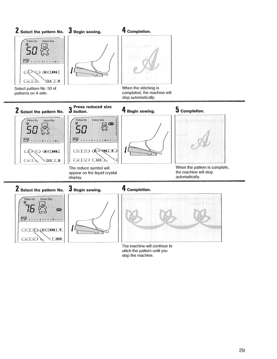 Select the pattern no. «1 begin sewing, Completion | SINGER XL1 Quantum User Manual | Page 31 / 48