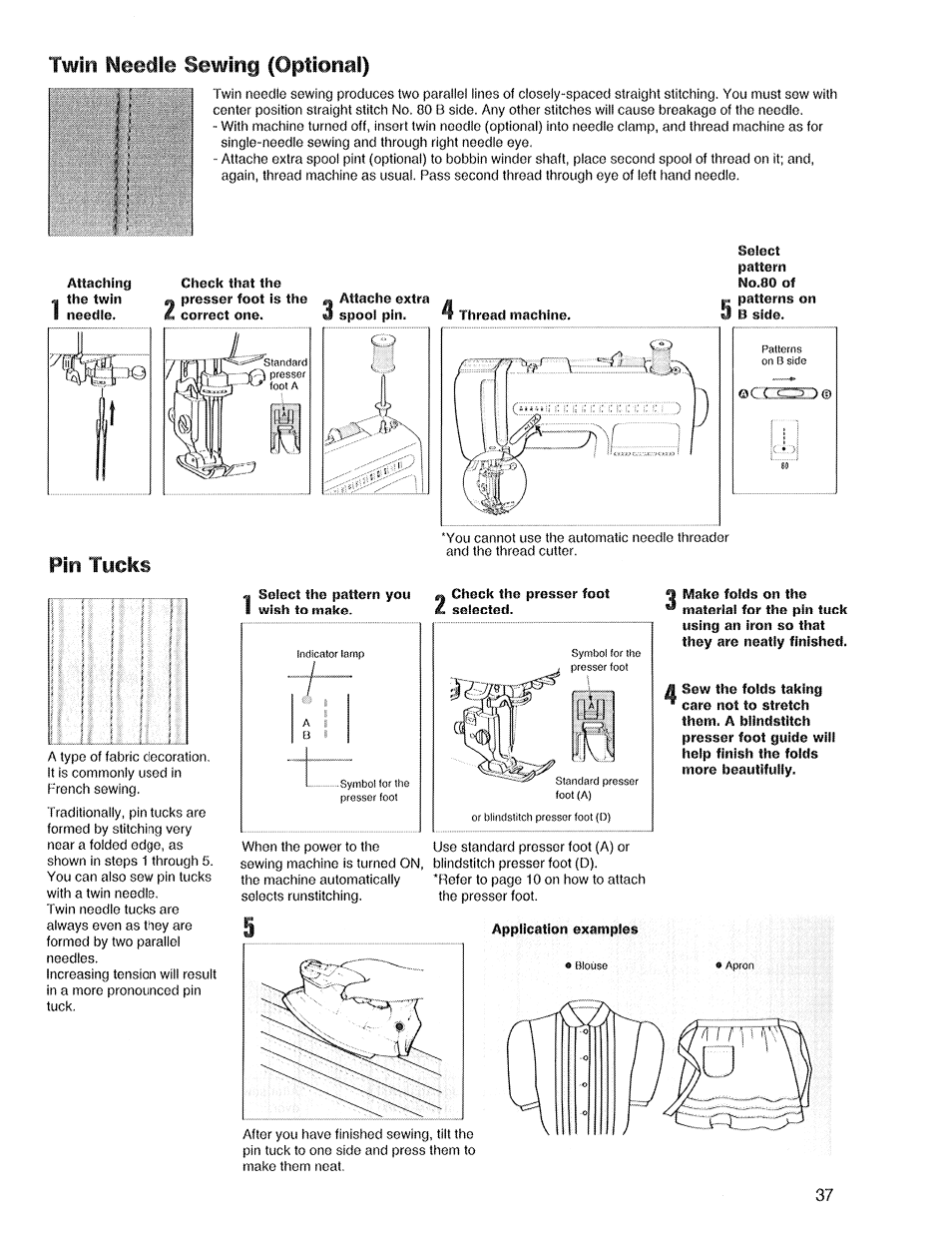 Twin meedle sewing (optional), Attaching, Check that the | 5 application examples, Pin tucks | SINGER XL1 Quantum User Manual | Page 39 / 48