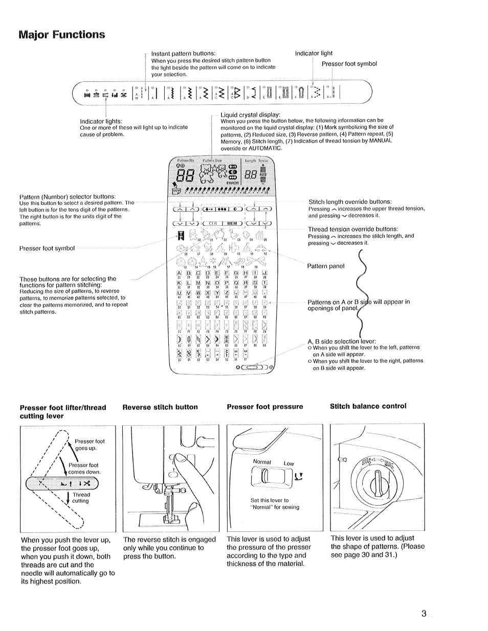 Major functions, Presser foot lifter/threac) cutting lever, Reverse stitch button | Presser foot pressure, Stitch balance control | SINGER XL1 Quantum User Manual | Page 5 / 48