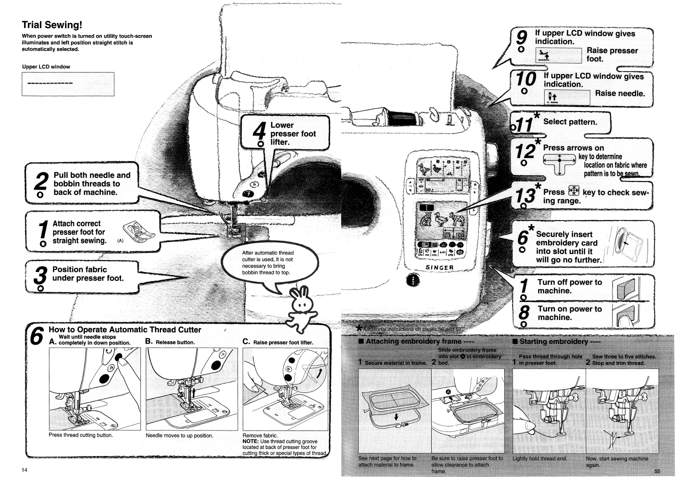 Trial sewing, How to operate automatic thread cutter | SINGER XL100 Quantum User Manual | Page 16 / 72