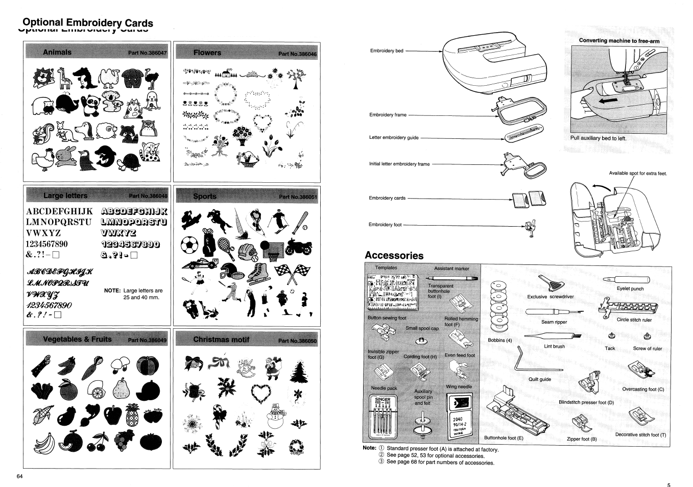 Optional embroidery cards, Animais, Flowers | I large i, Letters, Christmas motilh, Vegetables & fruits partnosssol | SINGER XL100 Quantum User Manual | Page 66 / 72