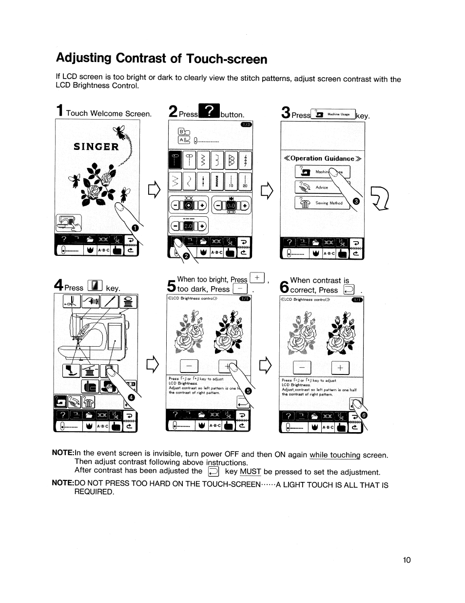 Adjusting contrast of touch-screen, Singer, Lodbbe) q0i[e)| 0 | SINGER XL1000 Quantum User Manual | Page 11 / 118