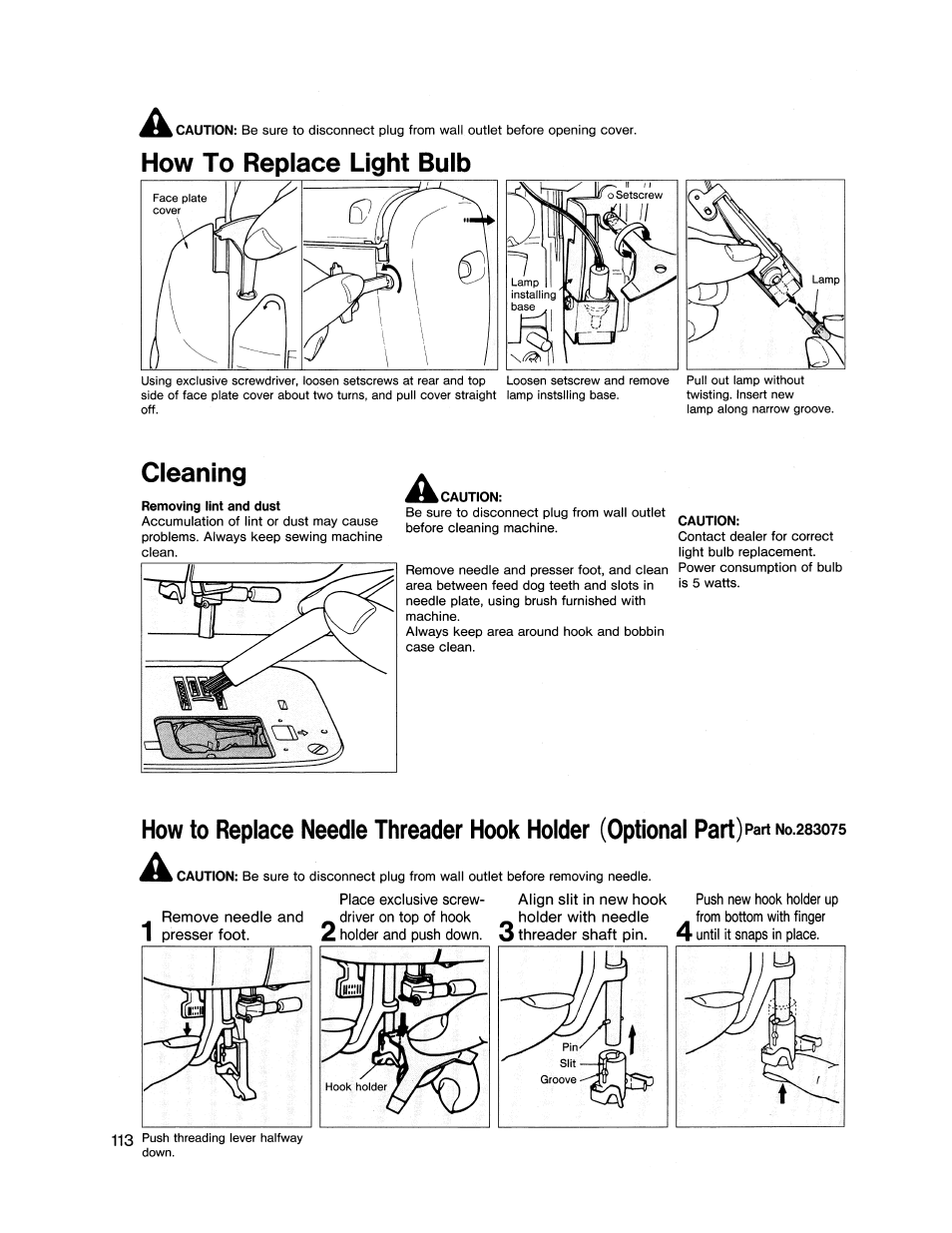 How to replace light bulb, Cleaning, Caution | How to replace light bulb cleaning | SINGER XL1000 Quantum User Manual | Page 114 / 118