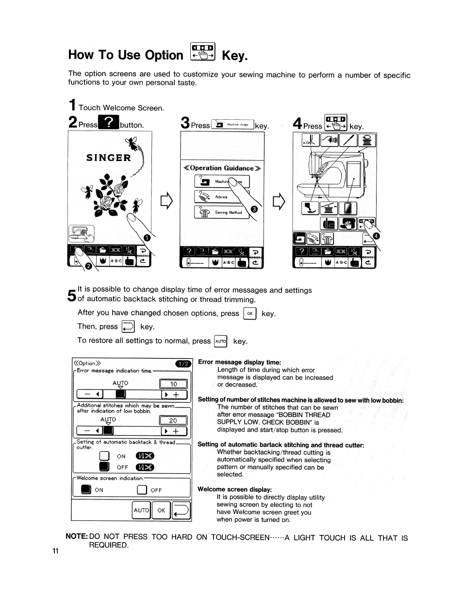 How to use option, Error message display time, Welcome screen display | How to use option key | SINGER XL1000 Quantum User Manual | Page 12 / 118