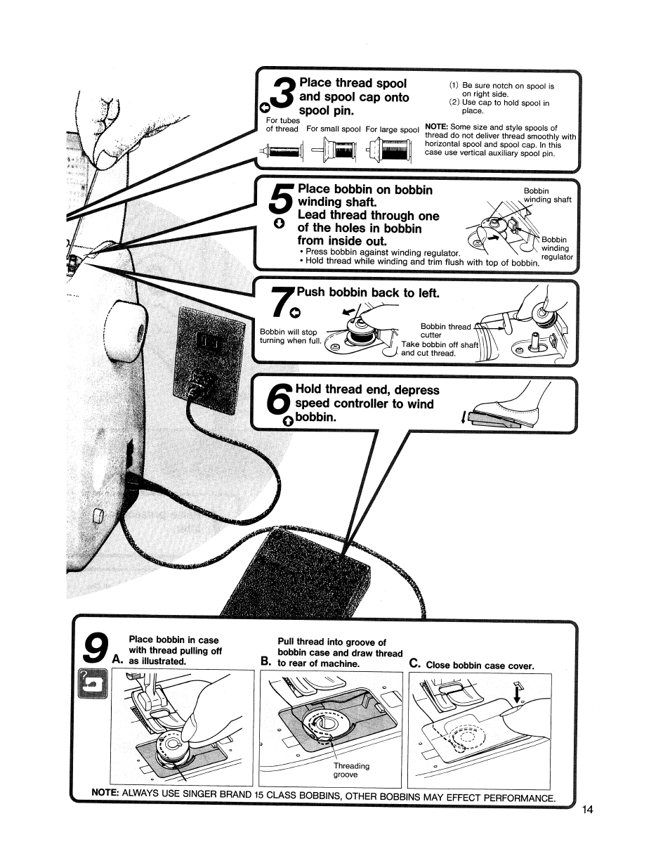 B. to rear of machine. c. close bobbin case cover | SINGER XL1000 Quantum User Manual | Page 15 / 118