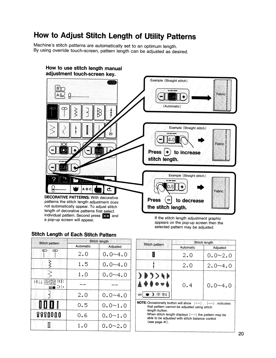 How to adjust stitch length of utility patterns, Stitch length of each stitch pattern, Press to increase stitch length | Press (2 to decrease the stitch length, Dddi, Inniqooo, Dto s, 3 e 5 | SINGER XL1000 Quantum User Manual | Page 21 / 118