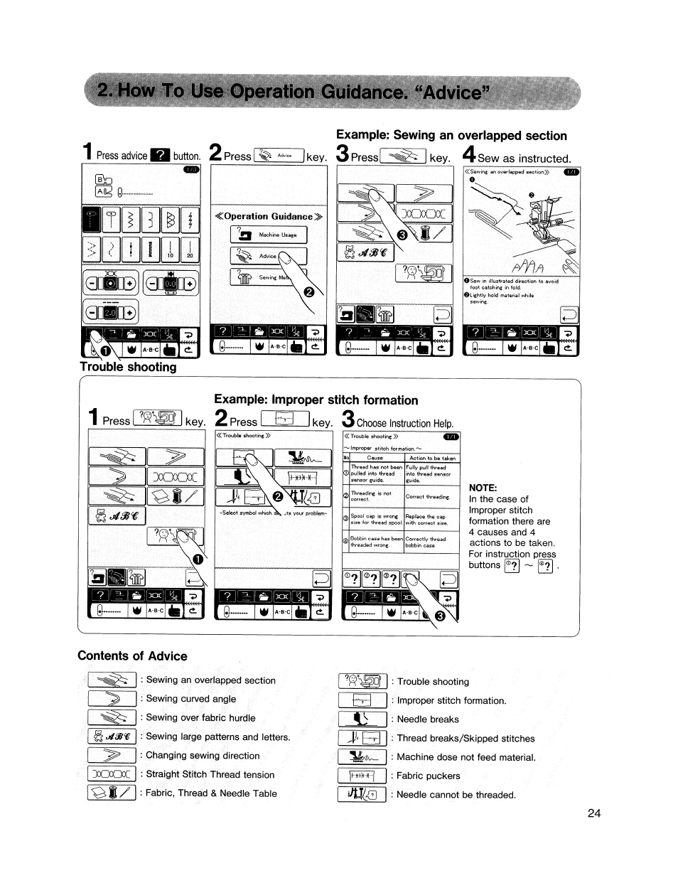Example: sewing an overlapped section, Trouble shooting, Example: improper stitch formation | Note, Contents of advice, 0me), Qdfide))(0did | SINGER XL1000 Quantum User Manual | Page 25 / 118