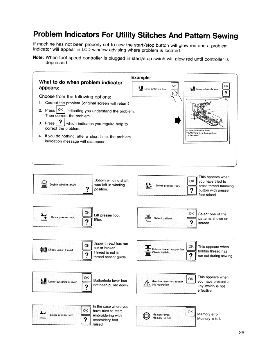 What to do when problem indicator appears | SINGER XL1000 Quantum User Manual | Page 27 / 118