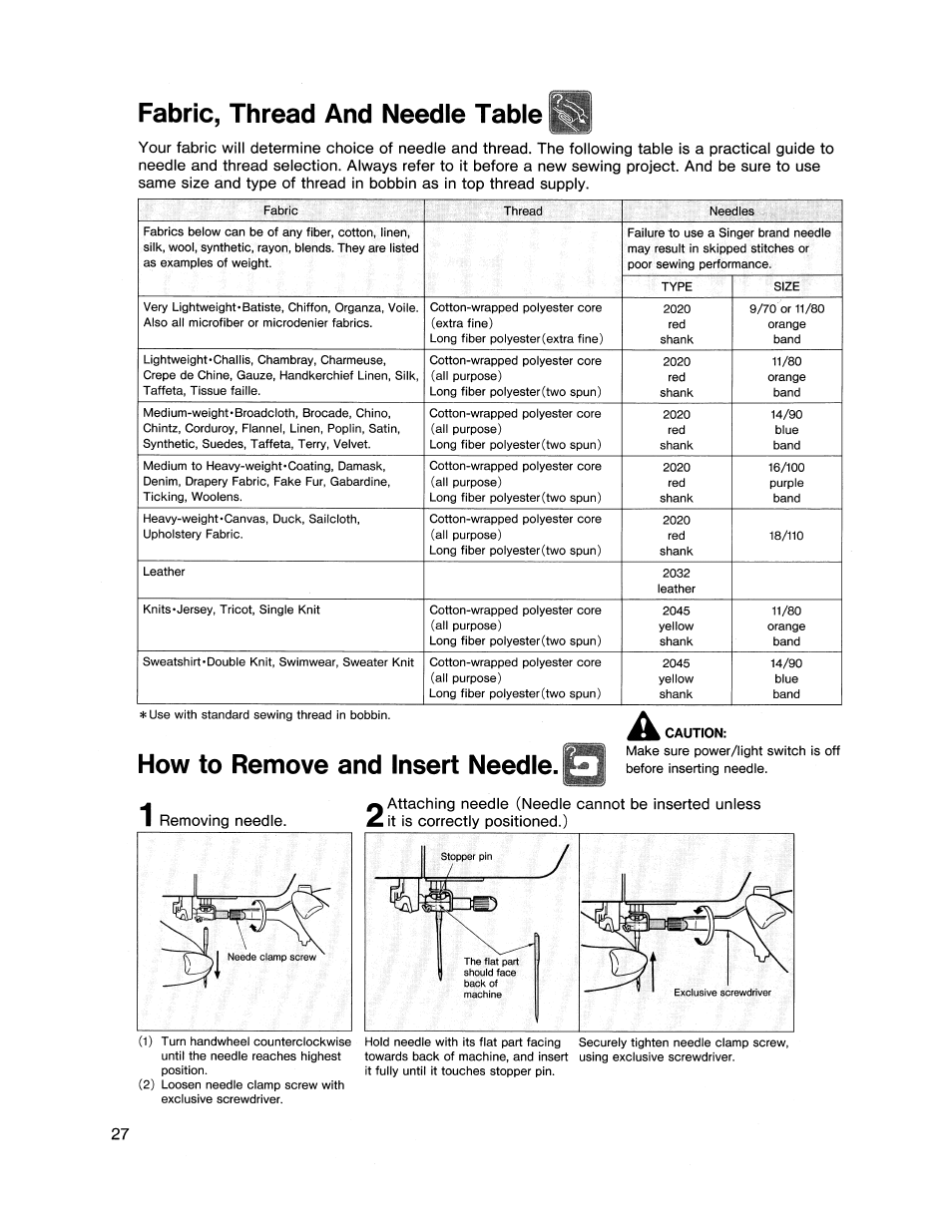 Fabric, thread and needle table, How to remove and insert needle | SINGER XL1000 Quantum User Manual | Page 28 / 118