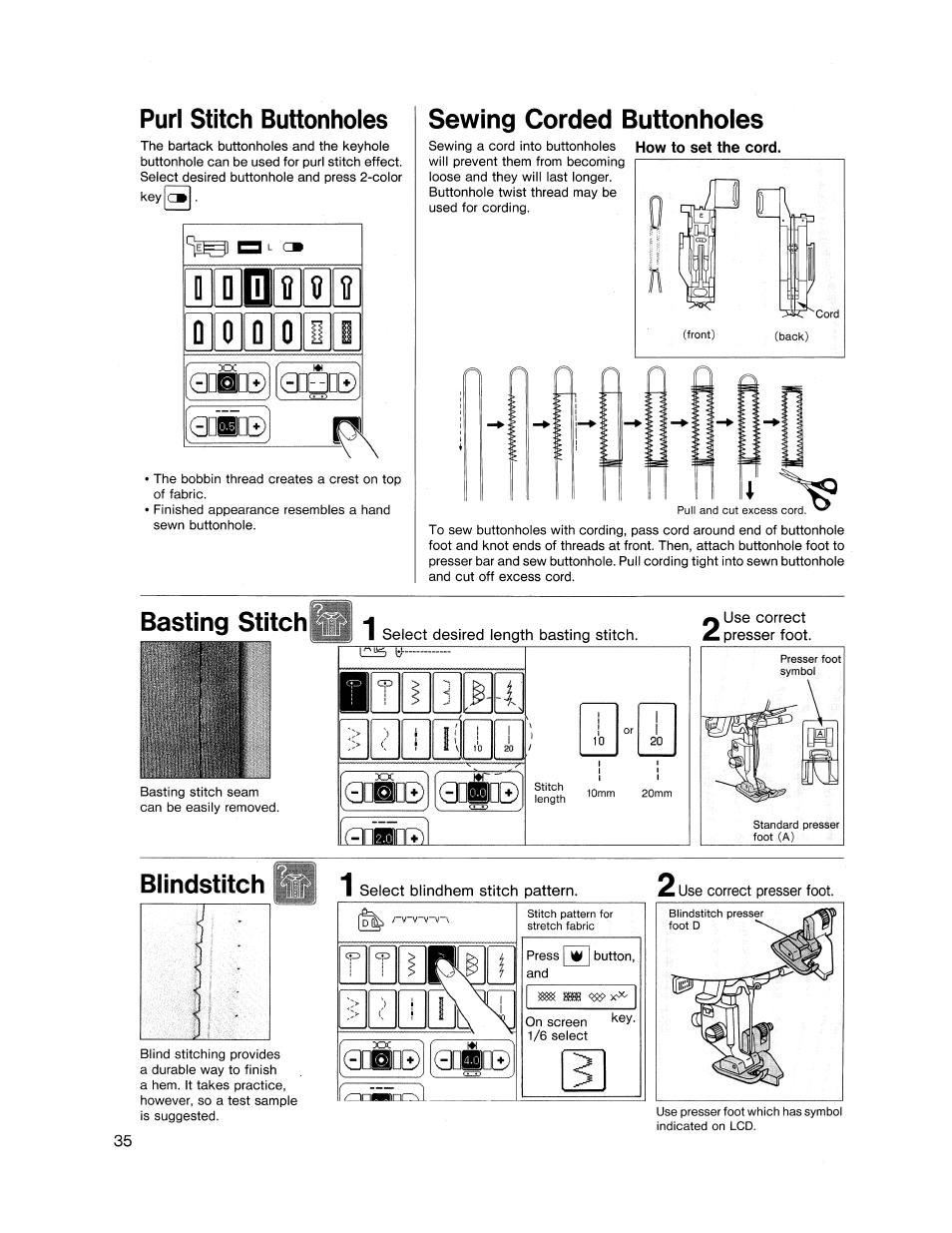 Purl stitch buttonholes, Blindstitch, Blindstitch ,36 | Gdo© lodb, Dbdb, Dbcb, Sewing corded buttonholes, Basting stitch | SINGER XL1000 Quantum User Manual | Page 36 / 118