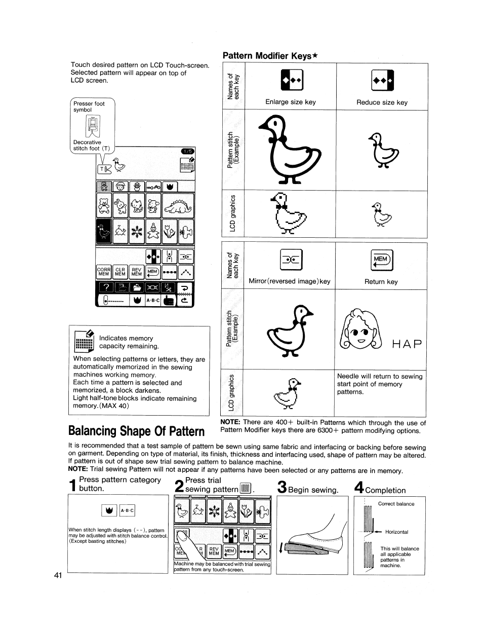 Pattern modifier keys, Balancing shape of pattern, I hi | SINGER XL1000 Quantum User Manual | Page 42 / 118