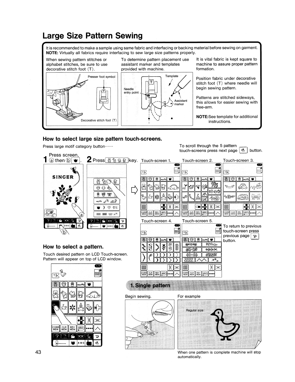 How to select large size pattern touch-screens, How to select a pattern, Single pattern | Large size pattern sewing, Mm he, I| ì & ¿a, Oo n | SINGER XL1000 Quantum User Manual | Page 44 / 118