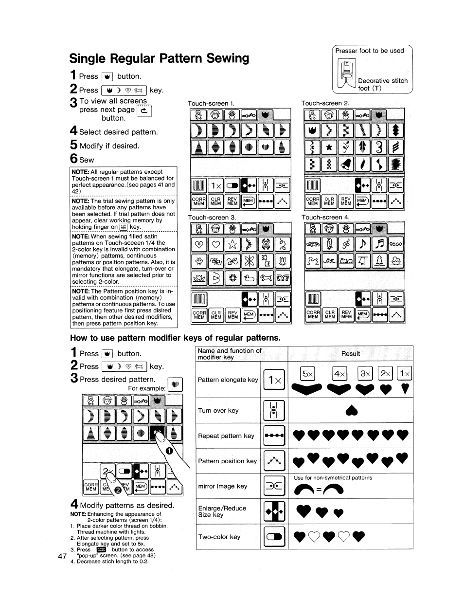 Single regular pattern sewing, Ip w | SINGER XL1000 Quantum User Manual | Page 48 / 118