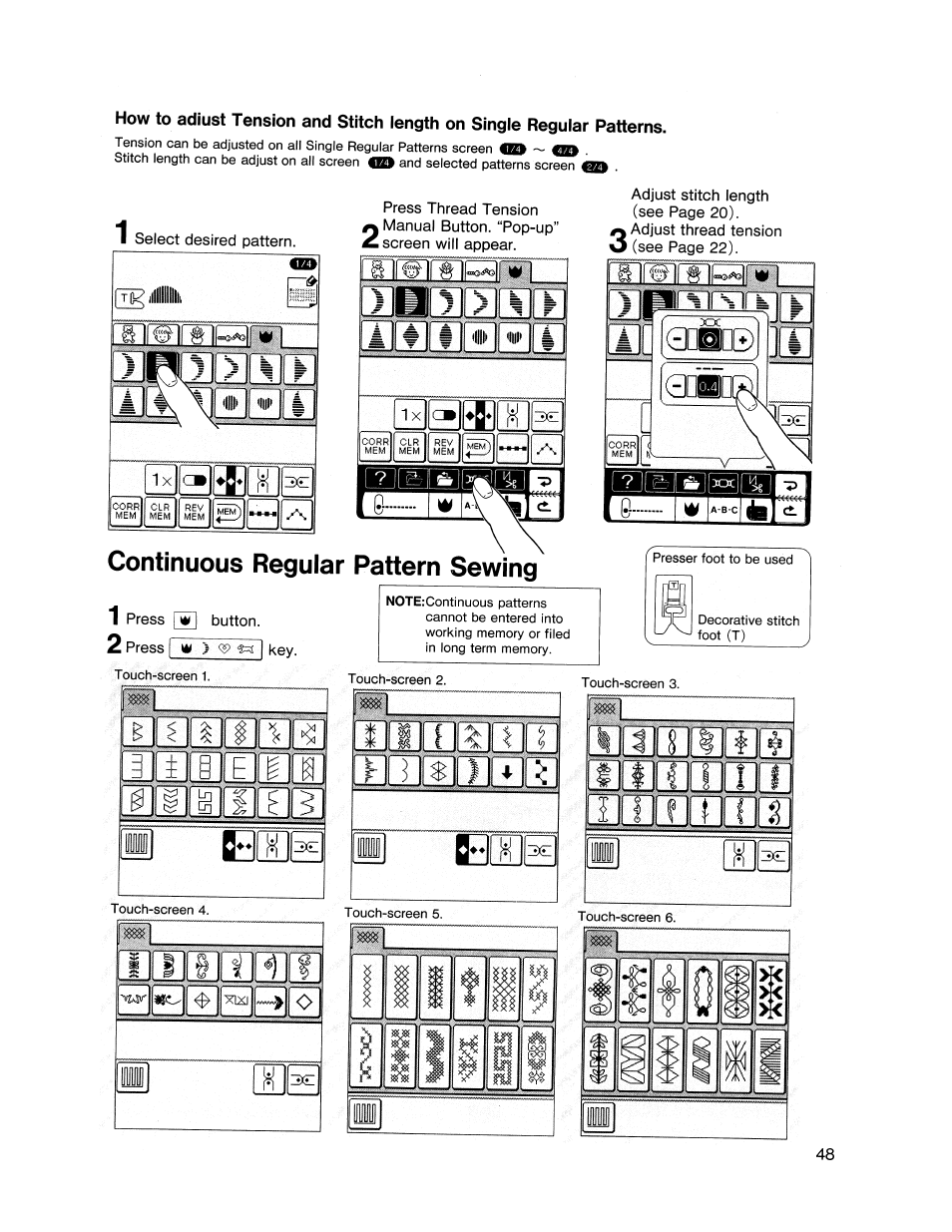 Continuous regular pattern sewing, Single regular pattern sewing, If 011 s | I § i, Ii e, Ii i, Fo ii, Idce | SINGER XL1000 Quantum User Manual | Page 49 / 118