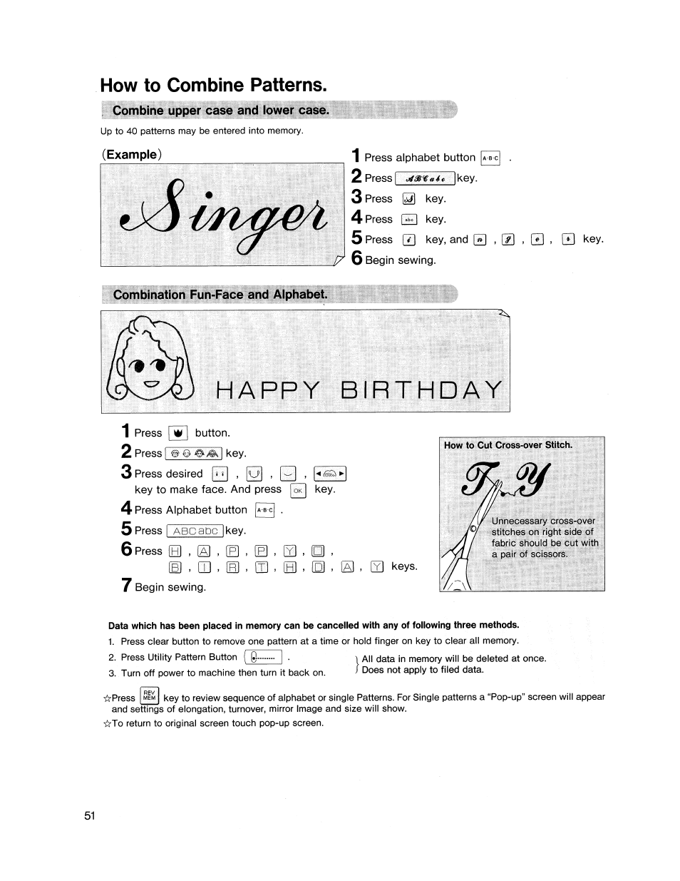 How to combine patterns, Combine upper case and lower case, Example) | Combination fun-face and alphabet | SINGER XL1000 Quantum User Manual | Page 52 / 118