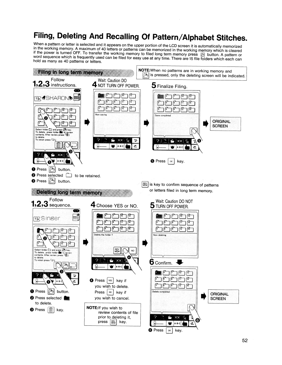 Filing in long ternn memory, B3beib, Deleting long term memory | Fotnyp | SINGER XL1000 Quantum User Manual | Page 53 / 118