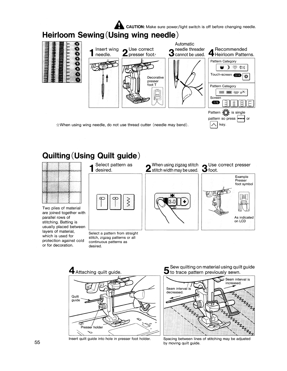 Heirloom sewing (using wing needle), Quilting (using quilt guide), Furîtann | SINGER XL1000 Quantum User Manual | Page 56 / 118