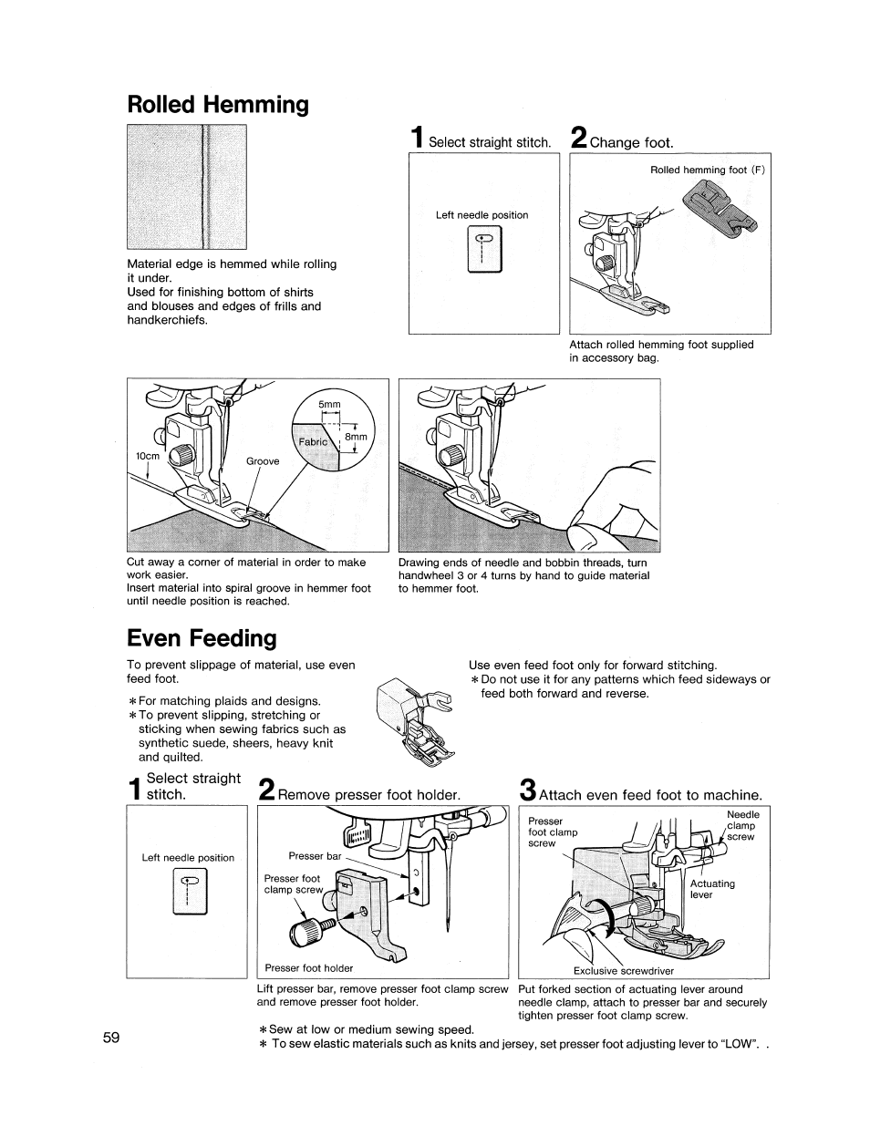 Rolled hemming, Even feeding, Rolled hemming even feeding | SINGER XL1000 Quantum User Manual | Page 60 / 118