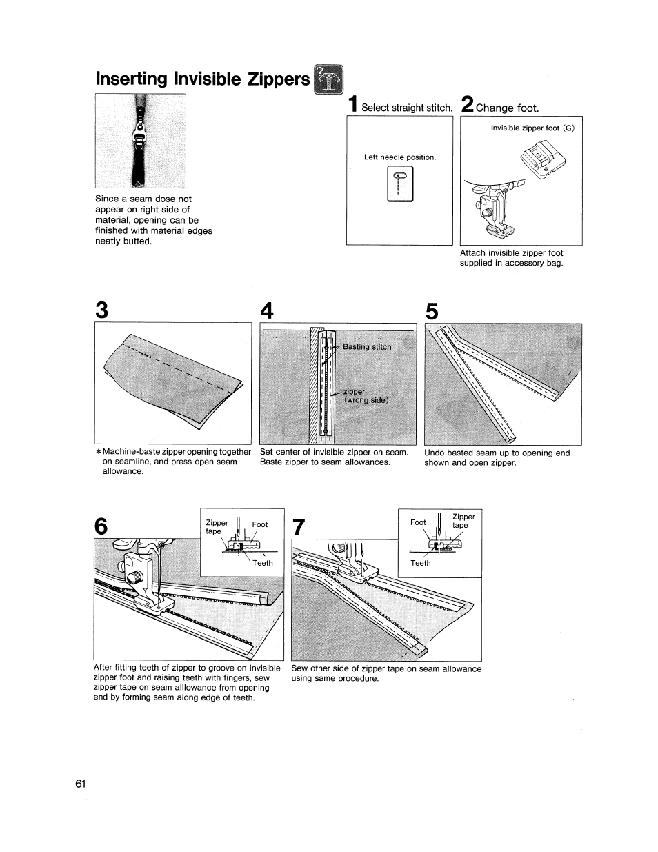 Inserting invisible zippers 1, Inserting invisible zippers | SINGER XL1000 Quantum User Manual | Page 62 / 118