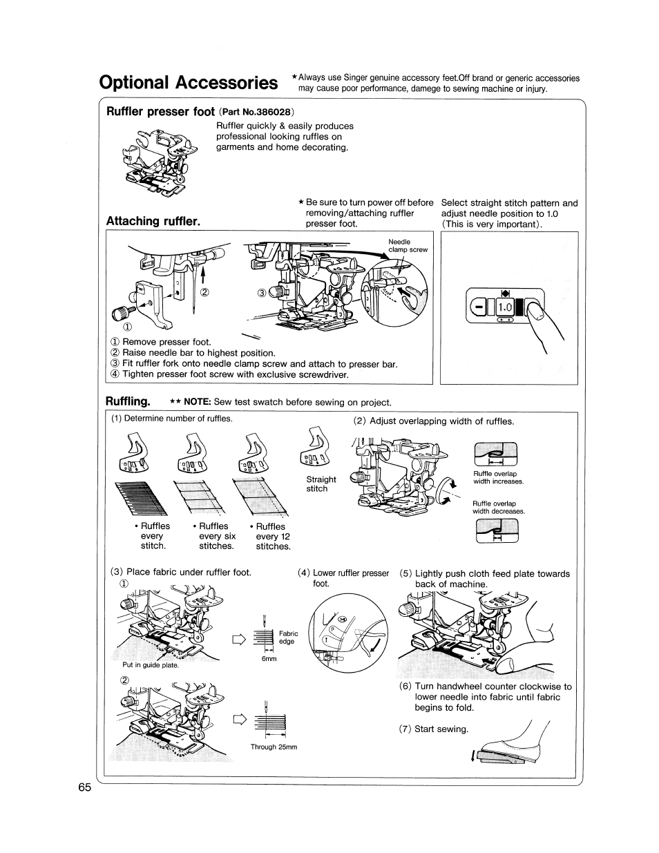 Optional accessories, Ruffler presser foot (part no.s86028), Attaching ruffler | Optional accessories ,66, Ruffler presser foot, Rufflinq | SINGER XL1000 Quantum User Manual | Page 66 / 118
