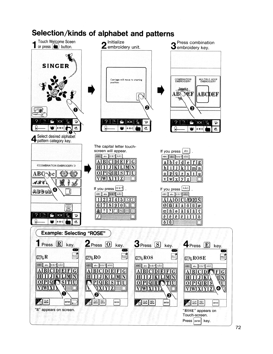 Selection/kinds of alphabet and patterns, Example: selecting “rose, Selection/kinds of alphabet and patterns ~74 | SINGER XL1000 Quantum User Manual | Page 73 / 118