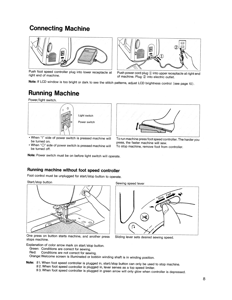 Connecting machine, Running machine without foot speed controiier, Running machine | SINGER XL1000 Quantum User Manual | Page 9 / 118