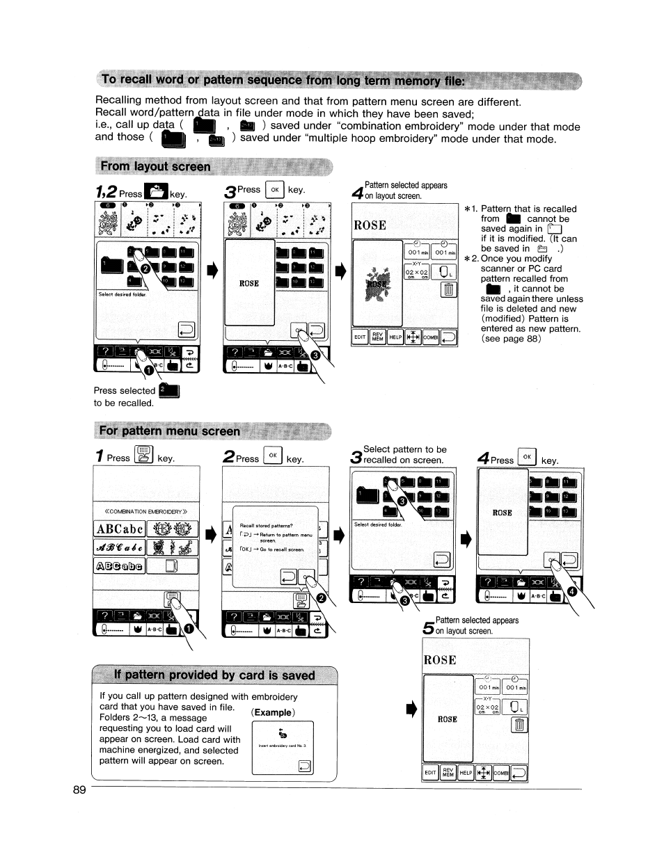 To recall word or pattern se^ueiica, From layout screen, For pattern menu screen | If pattern provided by card is saved | SINGER XL1000 Quantum User Manual | Page 90 / 118