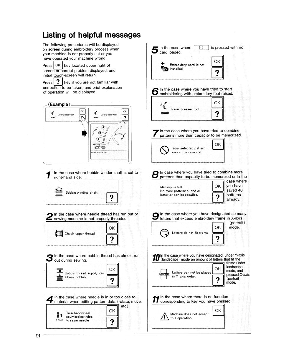 Listing of helpful messages, Listing of helpful messages ~93 | SINGER XL1000 Quantum User Manual | Page 92 / 118