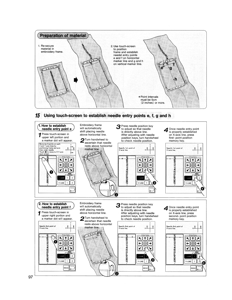 How to establish needle entry point e, How to establish needle entry point f, 0h10 | SINGER XL1000 Quantum User Manual | Page 98 / 118