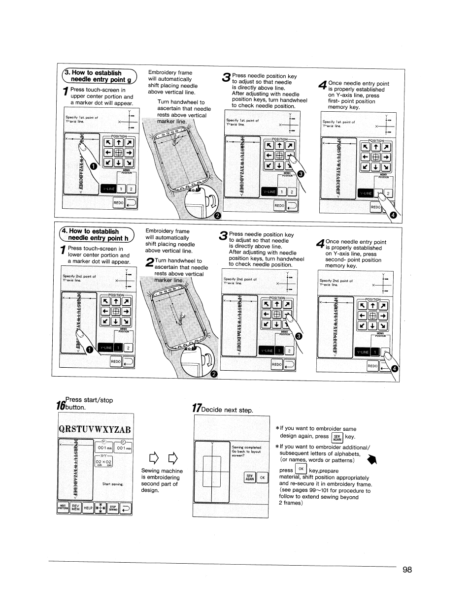 How to establish needle entry point, Int h j, Press start/stop lubutton | Decide next step, Иишш, R r ^e00 | SINGER XL1000 Quantum User Manual | Page 99 / 118