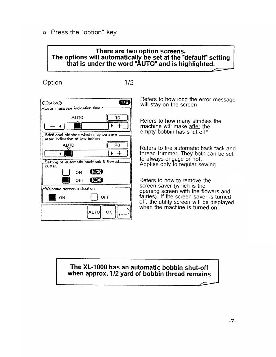 There are two option screens | SINGER XL1000-WORKBOOK Quantum User Manual | Page 10 / 68