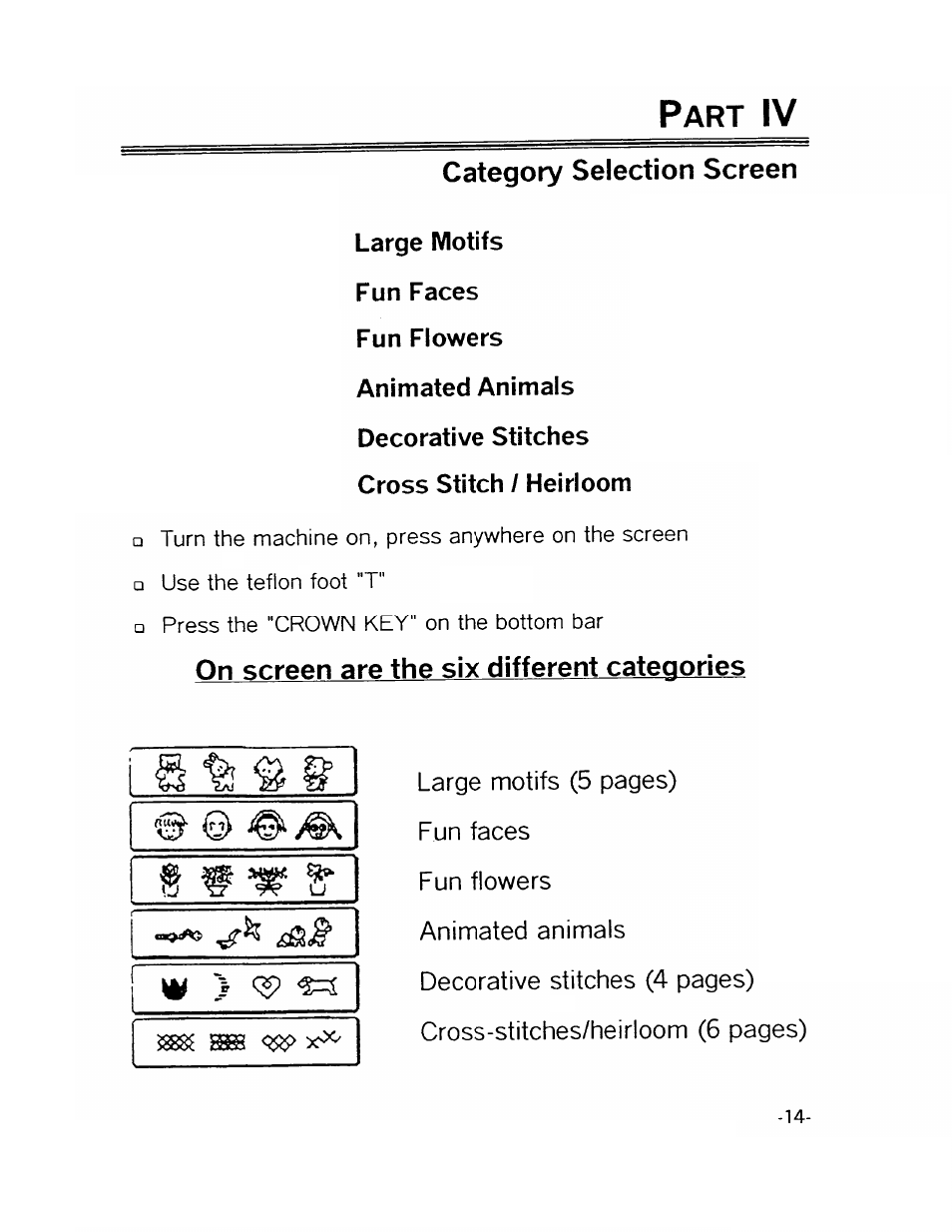 Part iv, Category selection screen, On screen are the six different categories | SINGER XL1000-WORKBOOK Quantum User Manual | Page 17 / 68