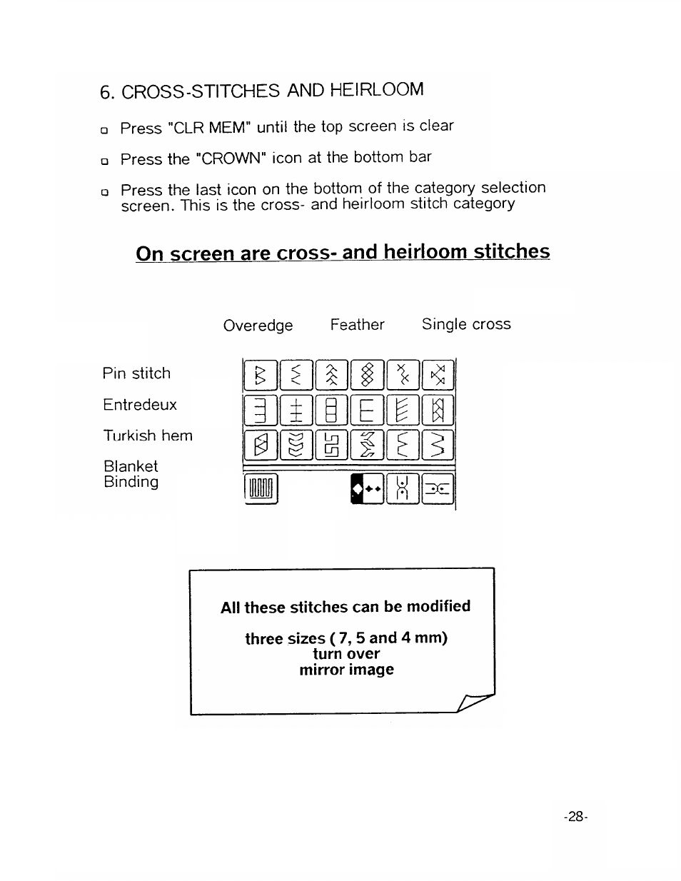 Cross-stitches and heirloom, On screen are cross- and heirloom stitches, All these stitches can be modified | 0i § 1 | SINGER XL1000-WORKBOOK Quantum User Manual | Page 31 / 68