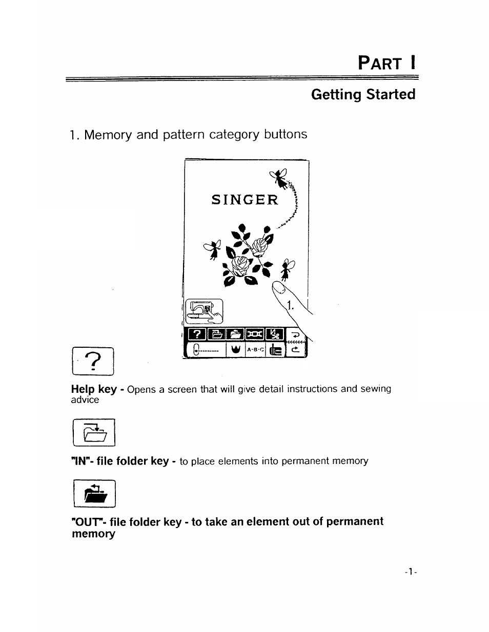 Getting started, Memory and pattern category buttons | SINGER XL1000-WORKBOOK Quantum User Manual | Page 4 / 68